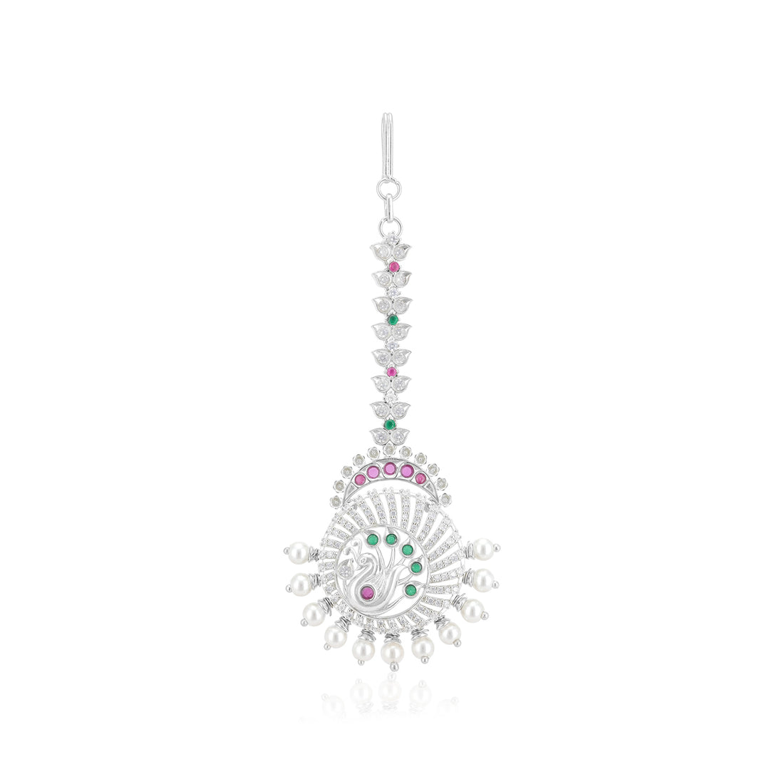 925 Emerald Feathered Rhodium Plated Peacock Tikka