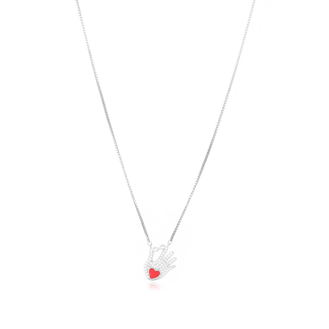 Endless Affection Hand Rhodium Plated Infinity Red Heart Chain Pendant
