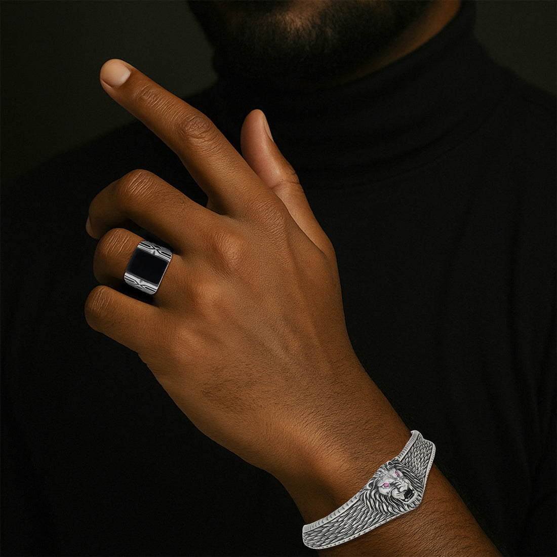 925 Ferocious Lion Oxidised Sterling Silver Cuff