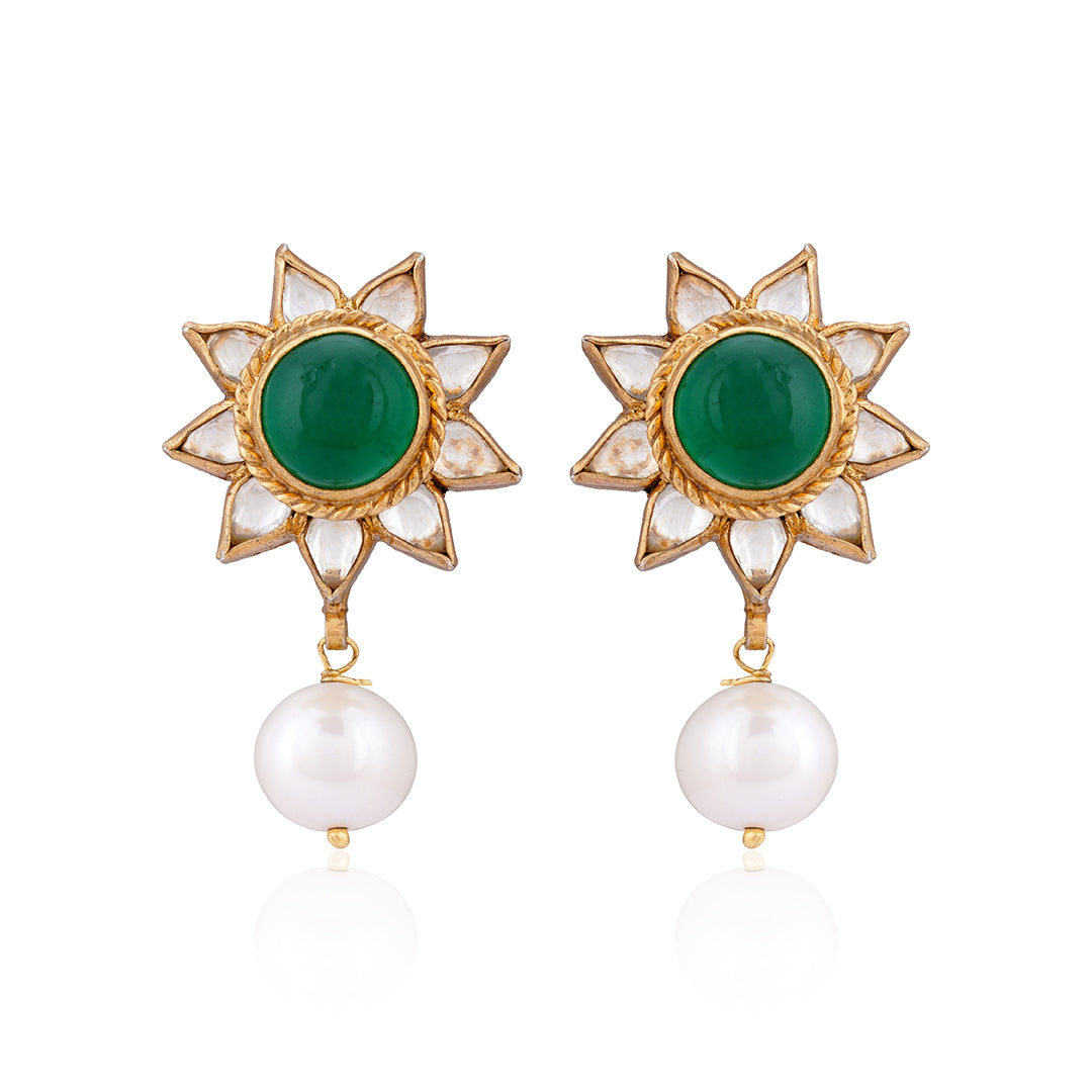 925 Floral Pearl Polki Sterling Silver Gold Plated Earring