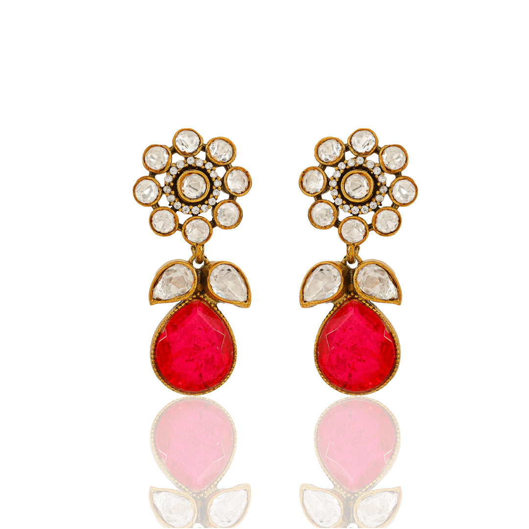 925 Floral Polki Red Teardrop Silver Earring