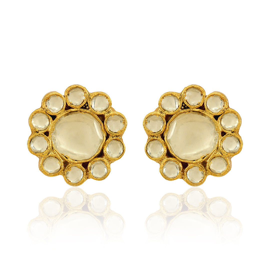 925 Floral Polki Stone Stud Gold Plated Silver Earring