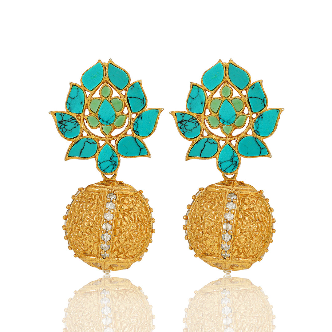 925 Floral Turquoise Gold Drop Sterling Silver Earring
