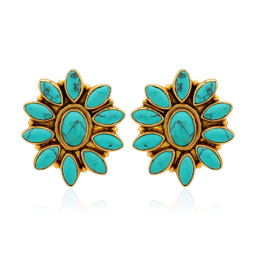 925 Floral Turquoise Gold Plated Stud