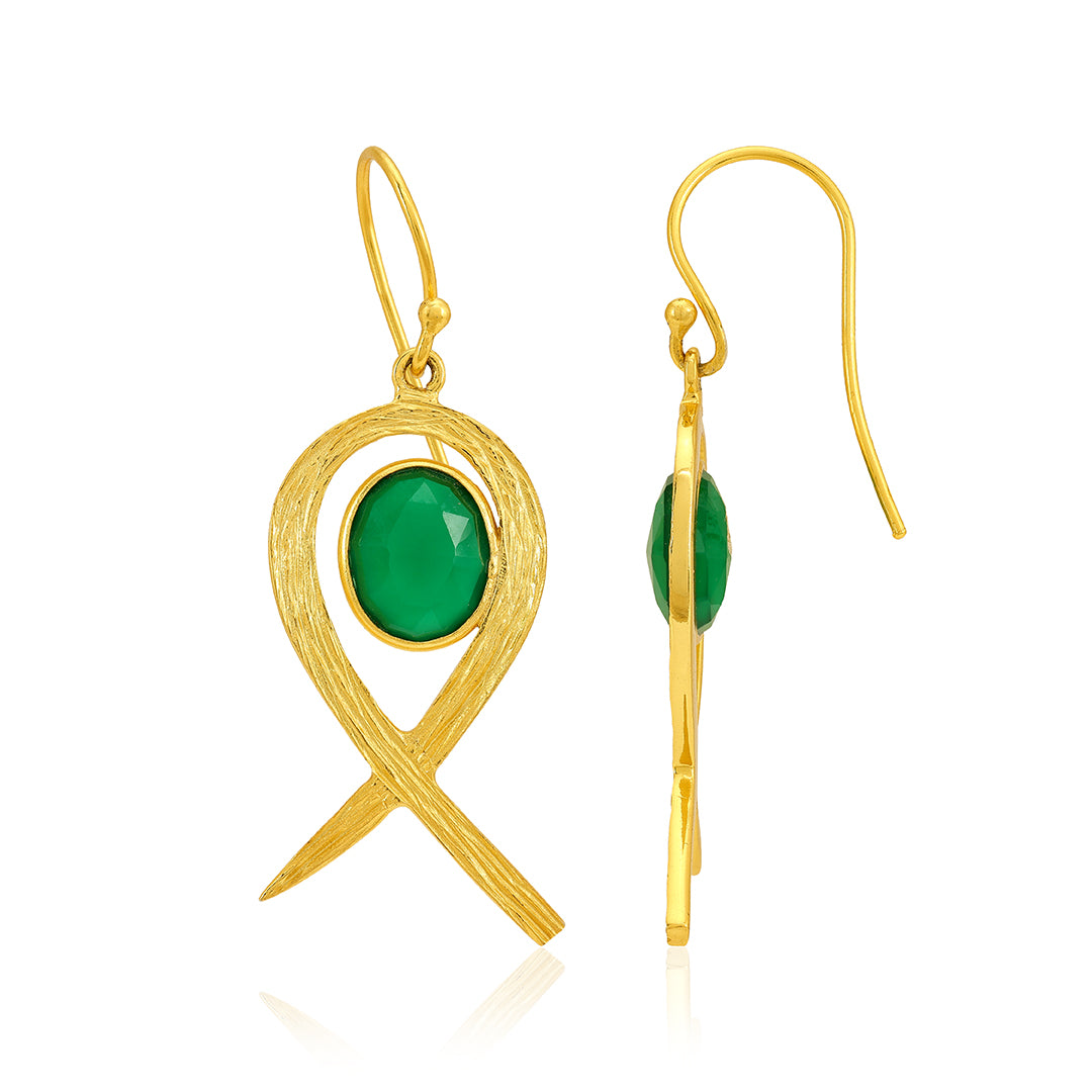 925 Gold Plated Green Stone Studded Drop Earring