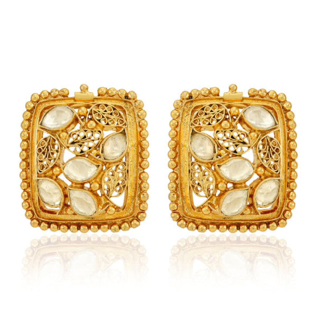 925 Gold Finish Kundan Polki Stud Silver Earring