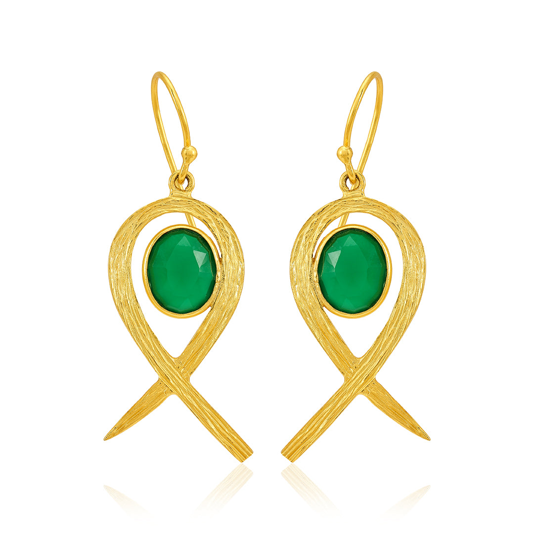 925 Gold Plated Green Stone Studded Drop Earring