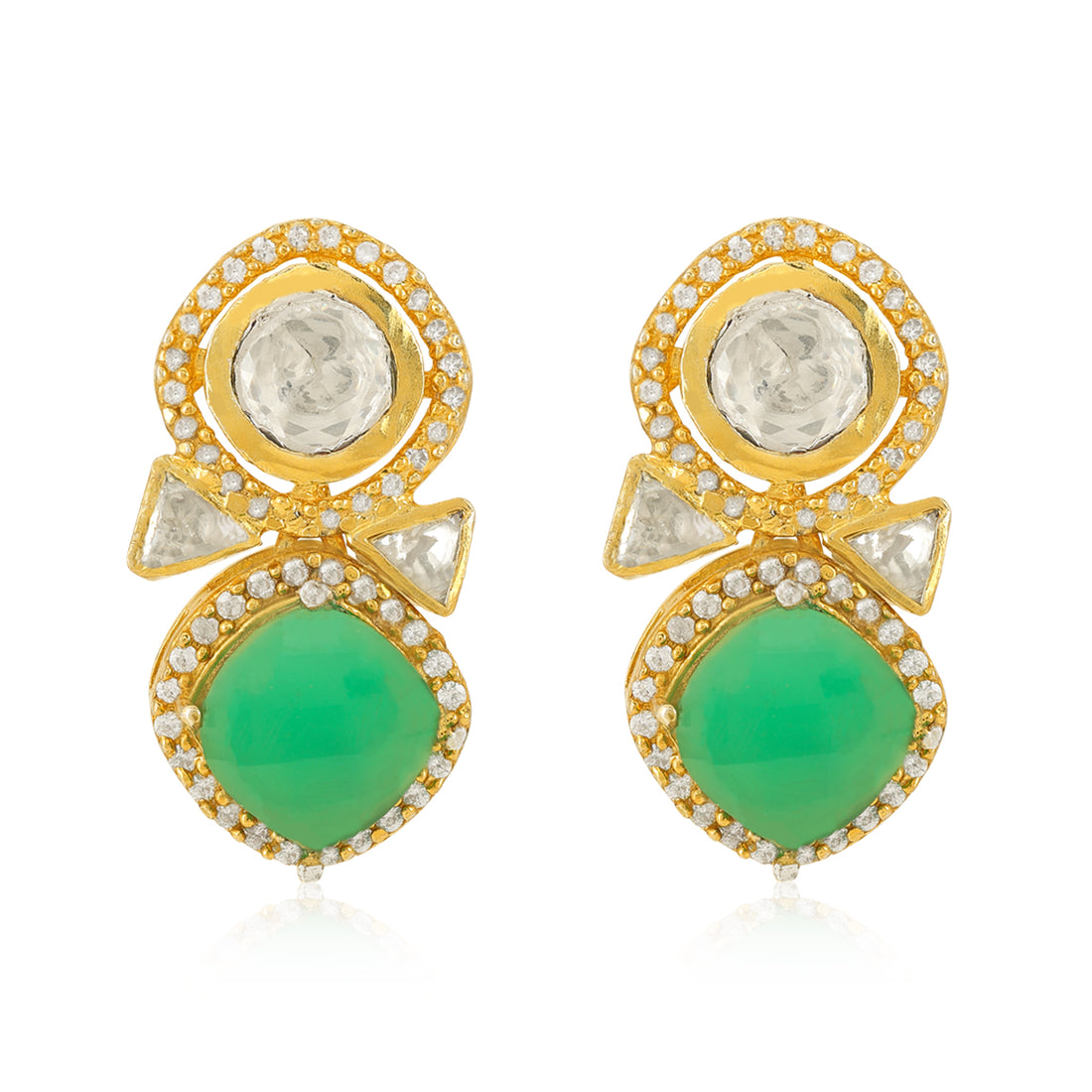 925 Gold Plated Green polki Stone Silver Earring
