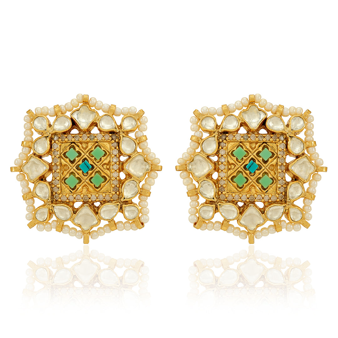 925 Gold Plated Kundan Polki Cluster Stud Silver Earring