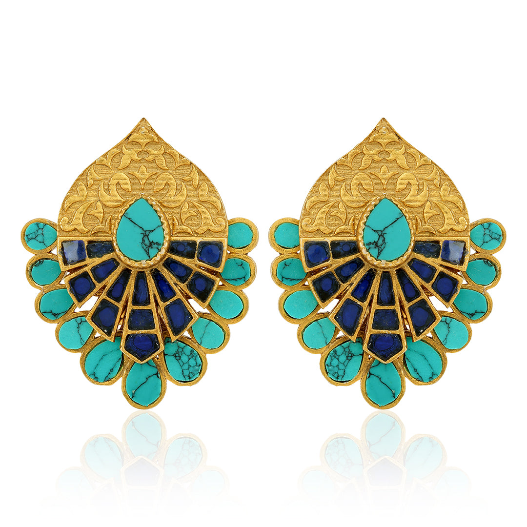 925 Gold Plated Leaf Shaped Turquoise Silver Earring