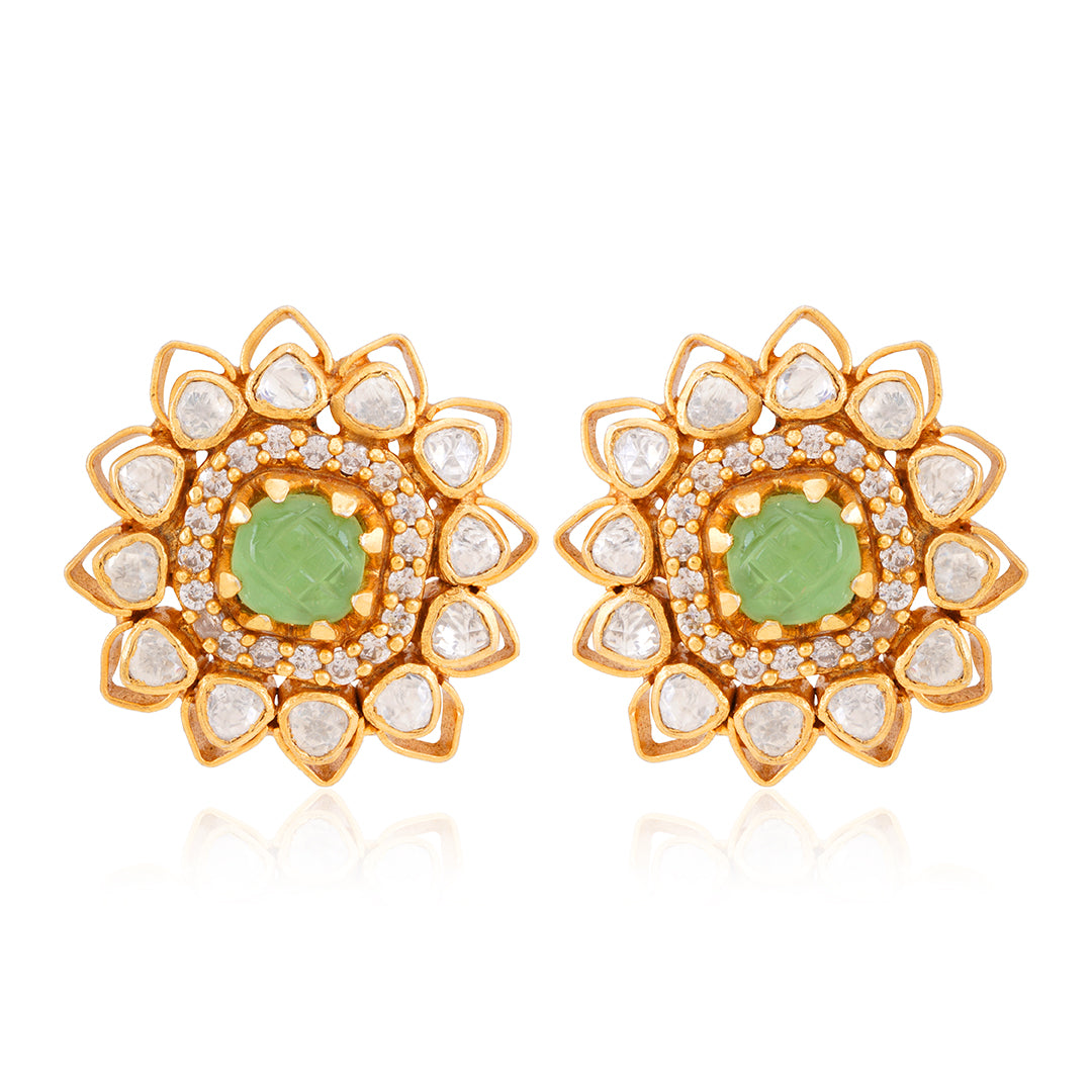 925 Gold Plated Luxury Green Polki Stone Floral Silver Earring