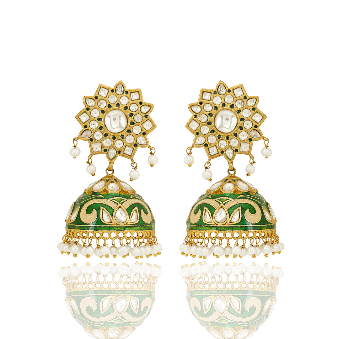 925 Gold Plated Meenakari Kundan Jhumka Silver Earring