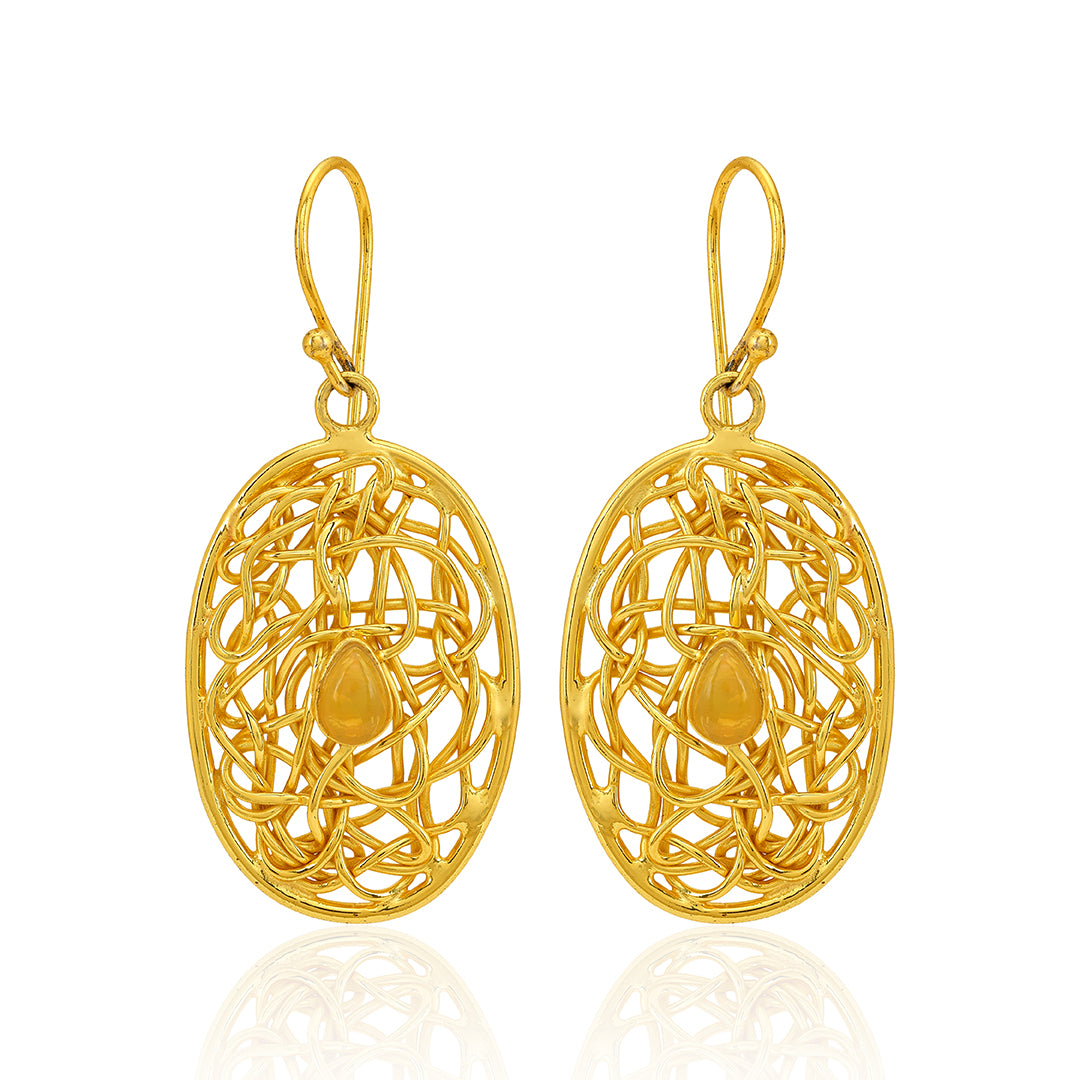 925 Gold Plated Oval Lace Dangle Silver Earring