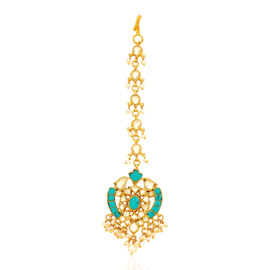 925 Gold Plated Polki Chandbali Turquoise Tikka