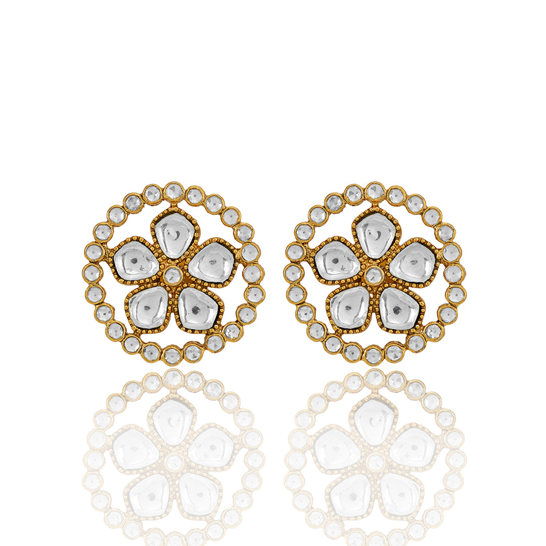 925 Gold Plated Polki  Floral Kundan  Silver Stud Earring