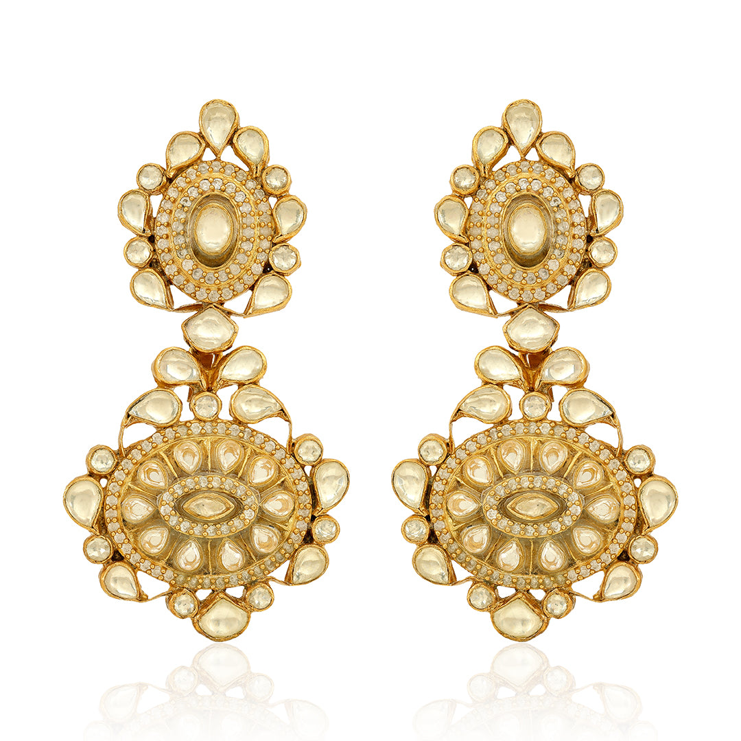 925 Gold Plated Polki Kundan Chandelier Silver Earring