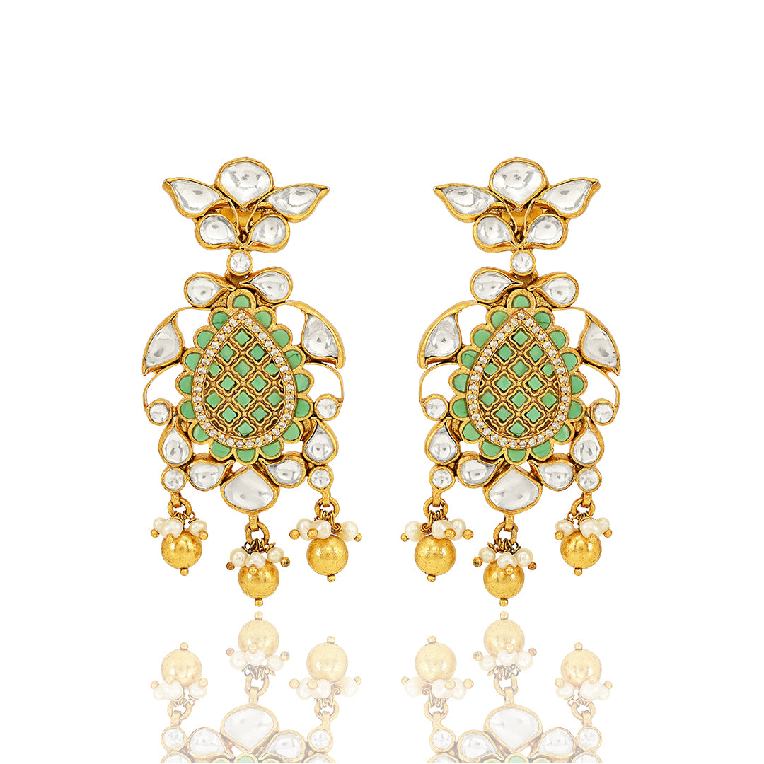 925 Gold Plated  Polki Pearl Chandelier Silver Earring