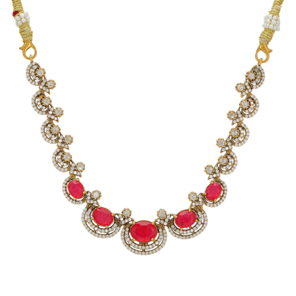 925 Gold Plated Red Stoned Traditional Necklace