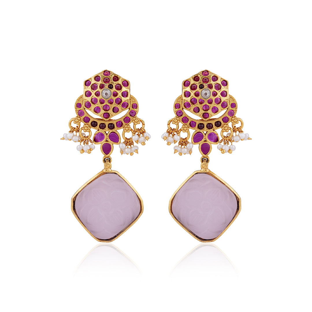 925 Gold Plated Rose Squartz Red Pearl Earrings