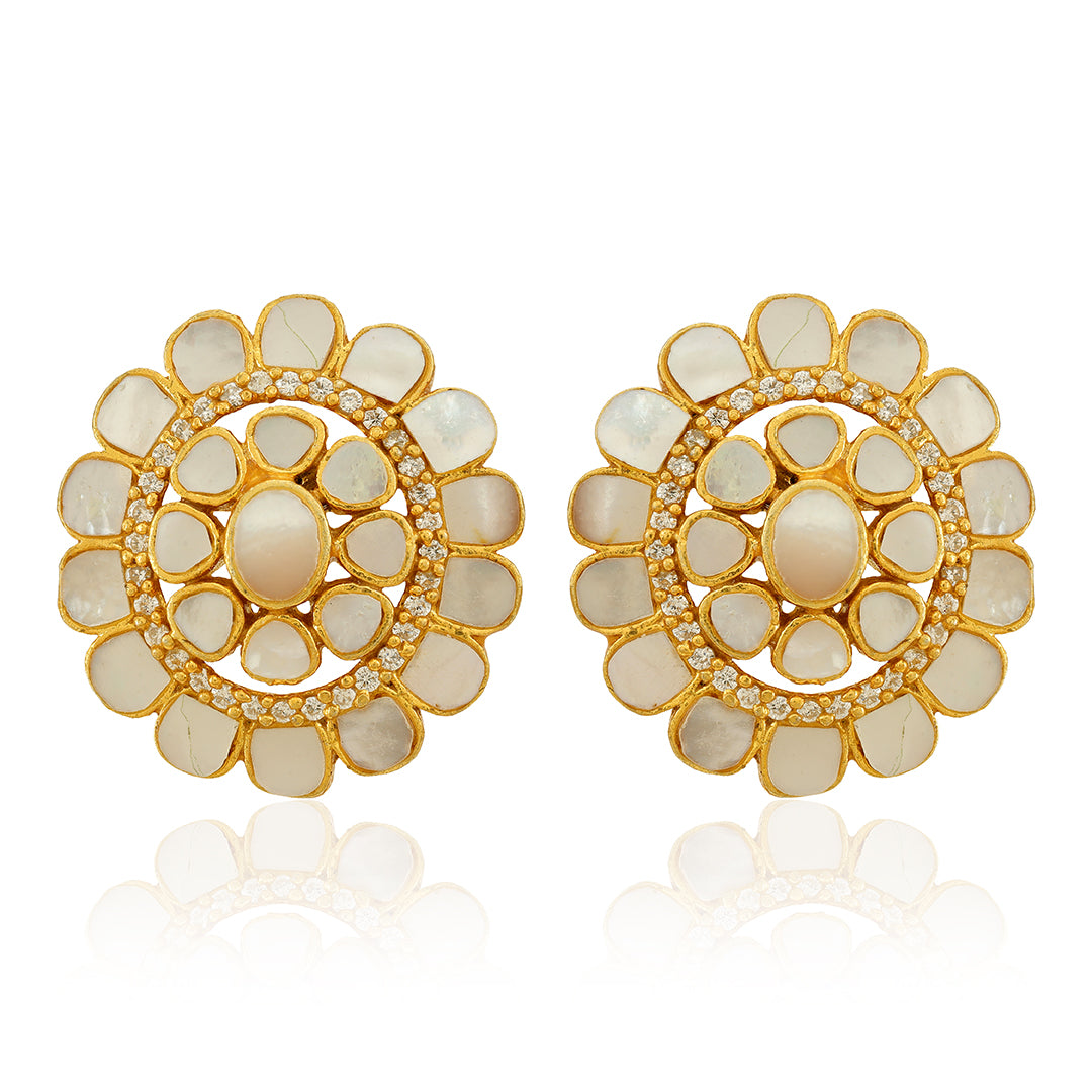 925 Gold Plated White Kundan Traditional Stud Silver Earring