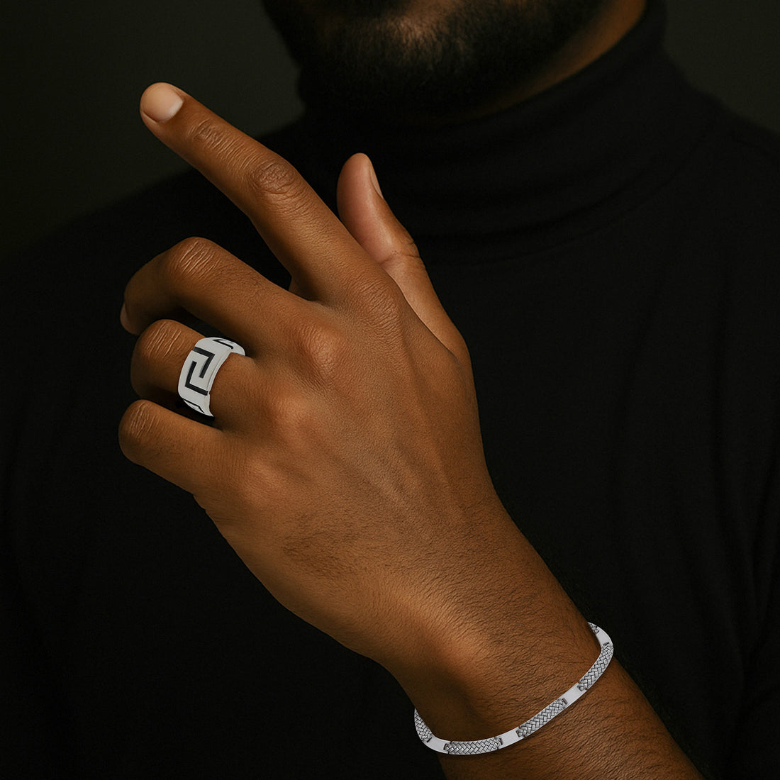 925 Greek Key Pattern Sterling Silver Oxidised Ring