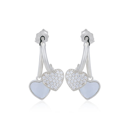 Hearts Dual Drop Pearl Stone Rhodium Plated Studs