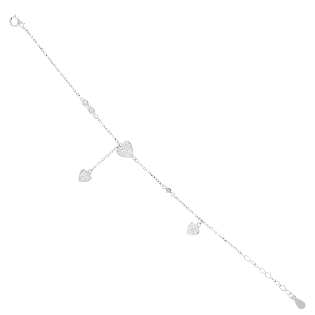 925 Infinity Connected Heart Drop Rhodium Plated Bracelets