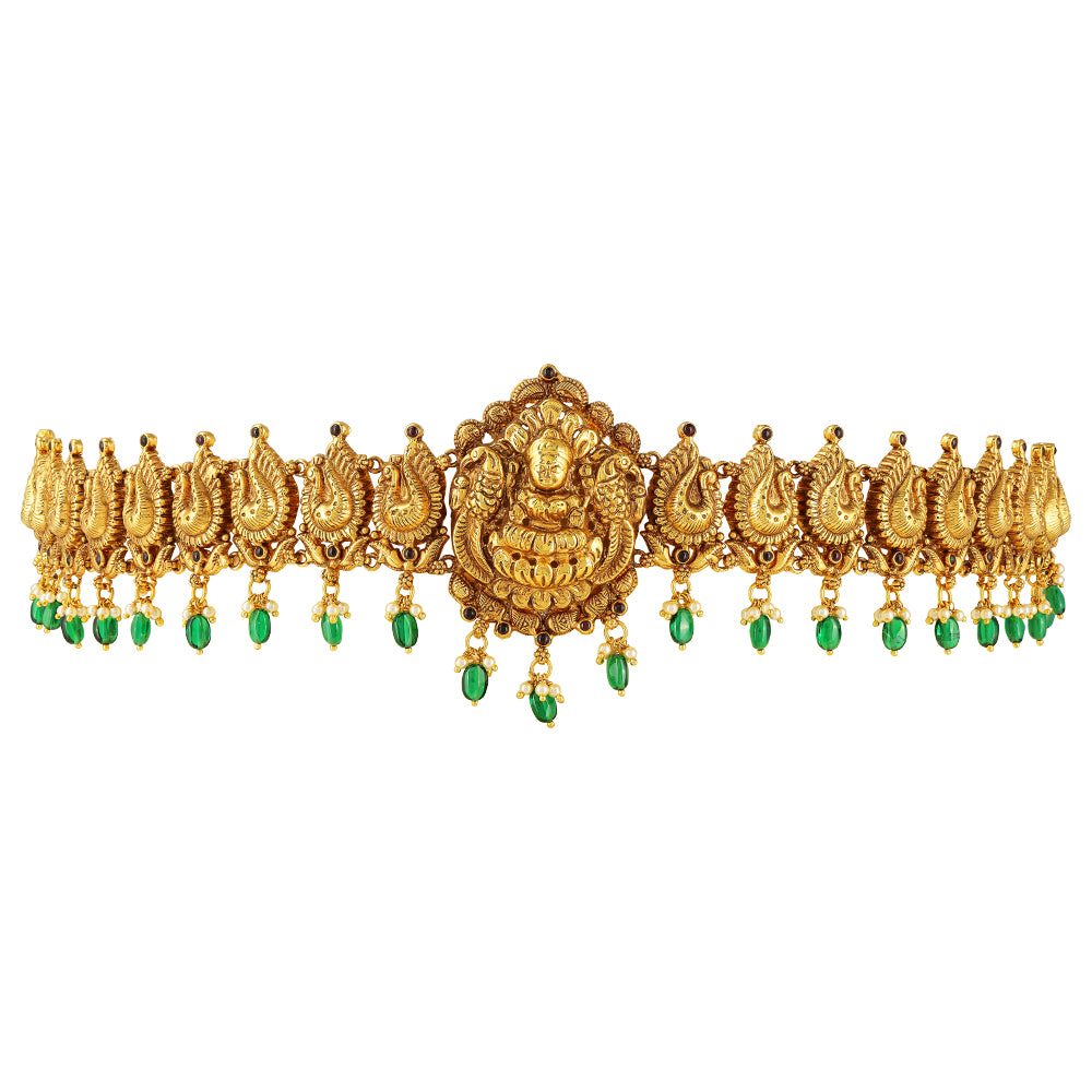 Lakshmi Centered Peacock Accent Green Drops Oddiyanam