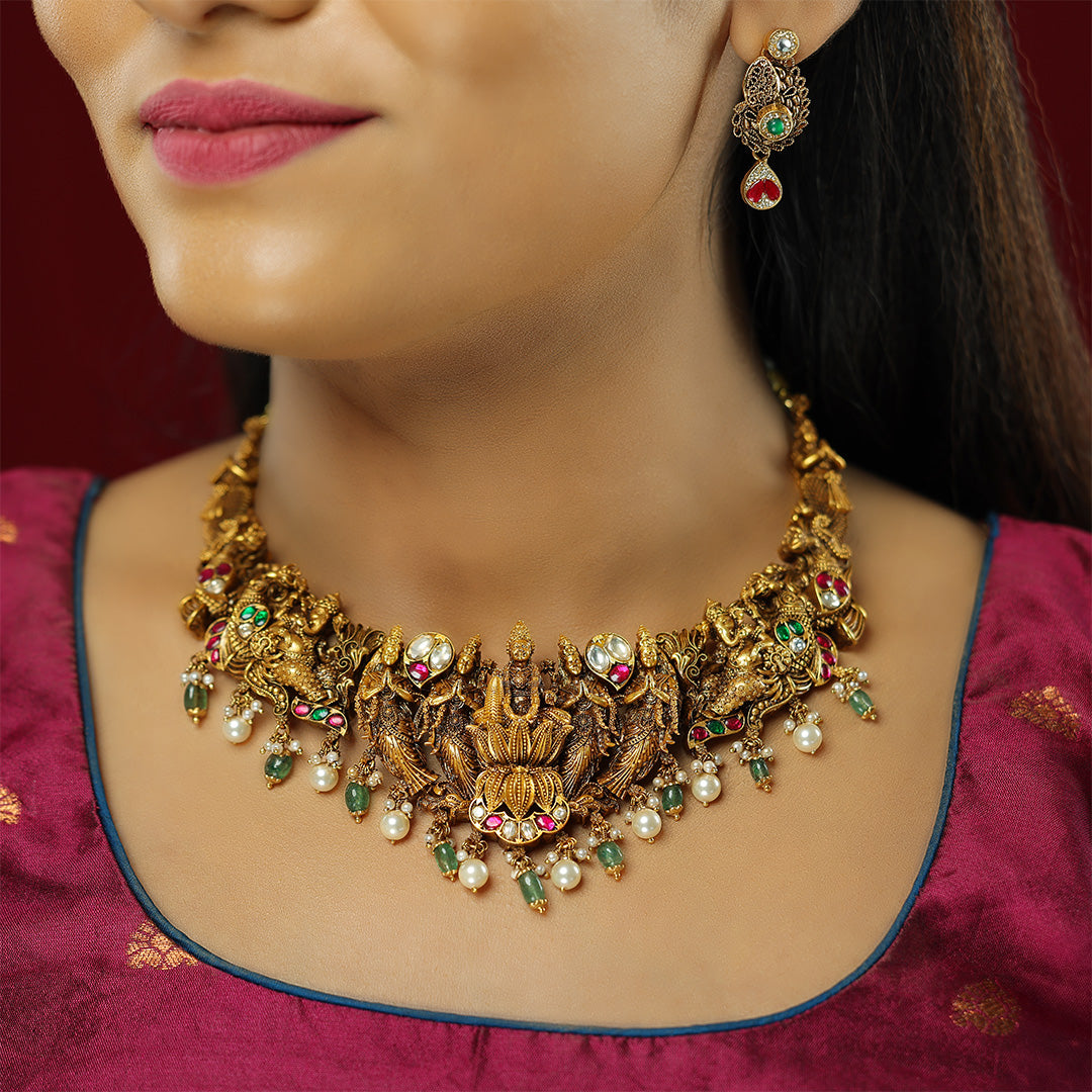 Lakshmi Vinayakar Inspired Nakshi Crafted Masterpiece Necklace