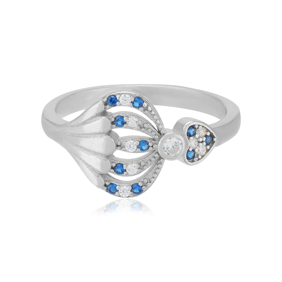 Layered Pattern Blue White Fusion Rhodium Plated Heart Rings