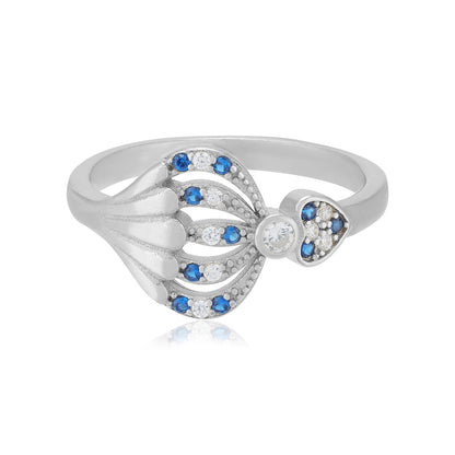 Layered Pattern Blue White Fusion Rhodium Plated Heart Rings