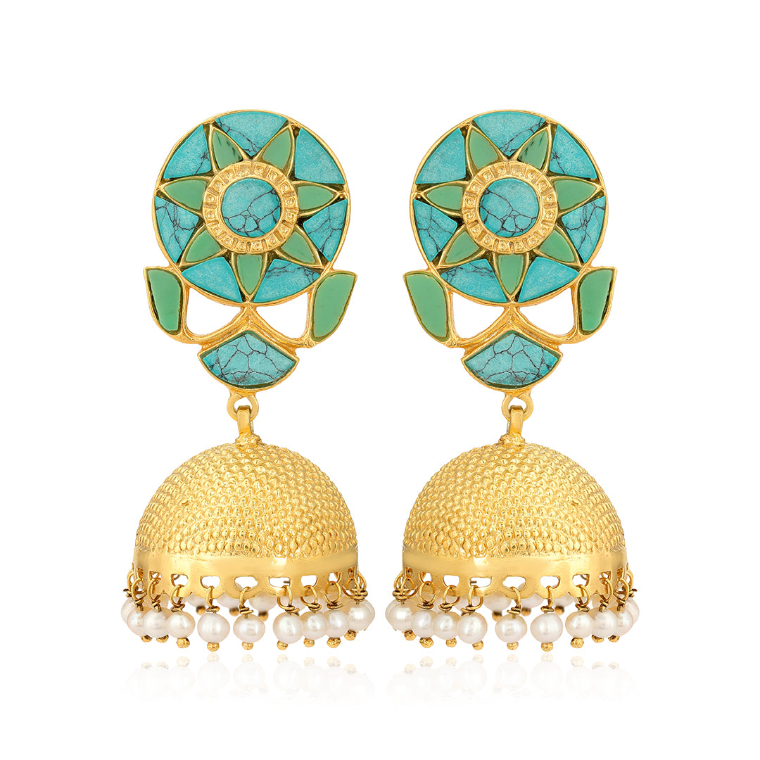 925 Luxurious Turquoise Gold Plated Jhumka