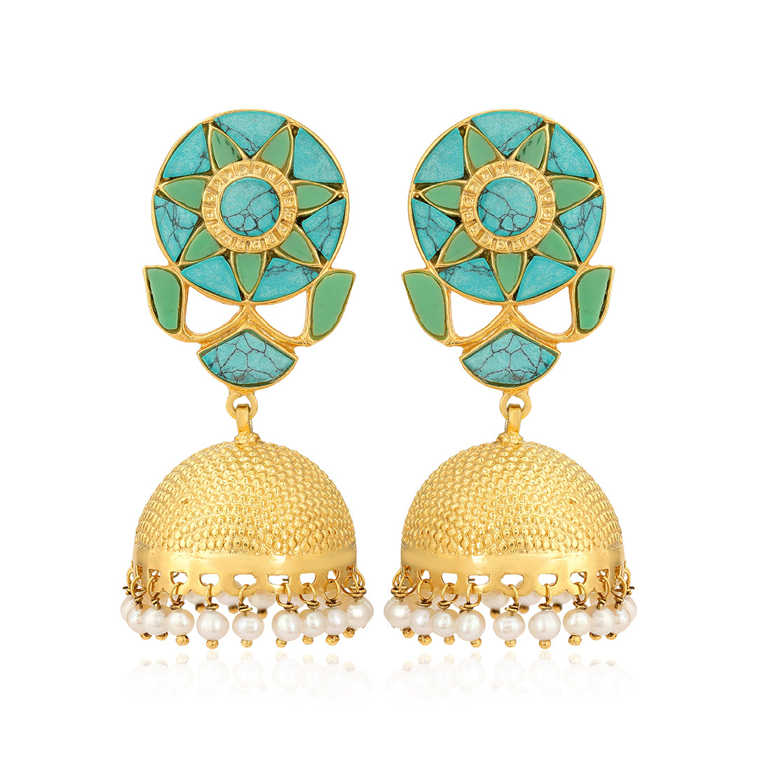 925 Luxurious Turquoise Gold Plated Jhumka