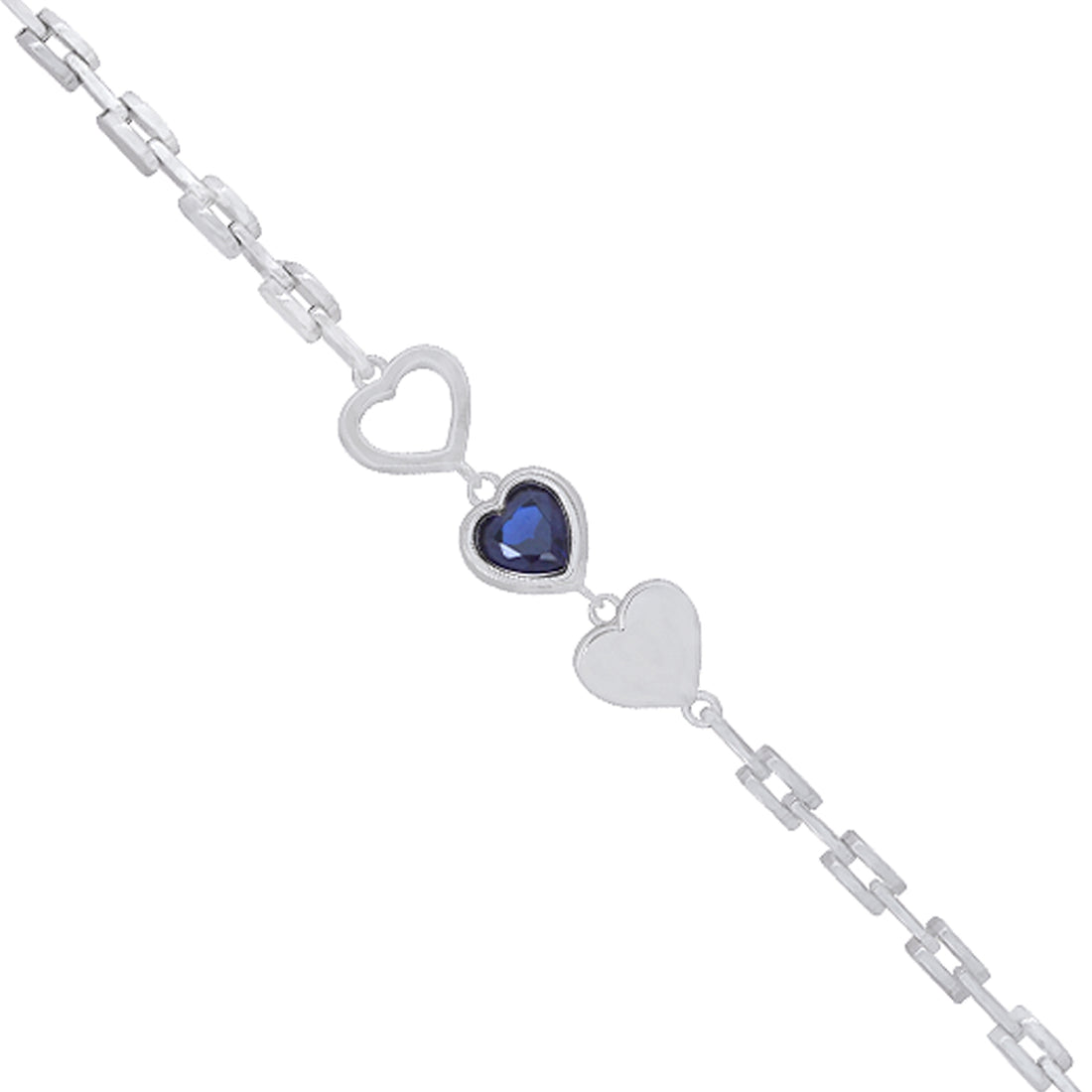 925 Mid Blue Heart Plated Tri Heart Link Chain Bracelets