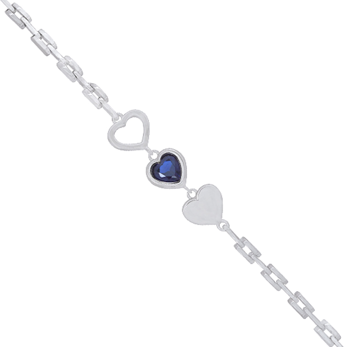 925 Mid Blue Heart Plated Tri Heart Link Chain Bracelets