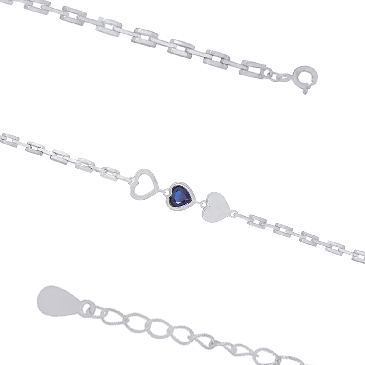 925 Mid Blue Heart Rhodium Tri Heart Link Chain Bracelets
