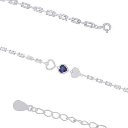 925 Mid Blue Heart Rhodium Tri Heart Link Chain Bracelets