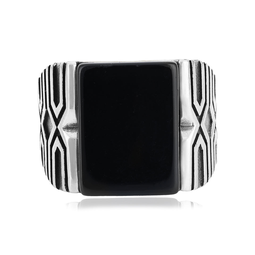 925 Modern Bold Sterling Silver Black Agate Ring 
