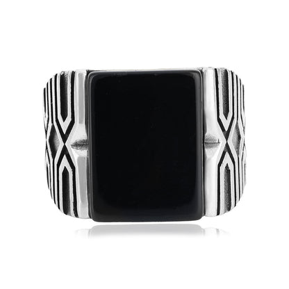 925 Modern Bold Sterling Silver Black Agate Ring 
