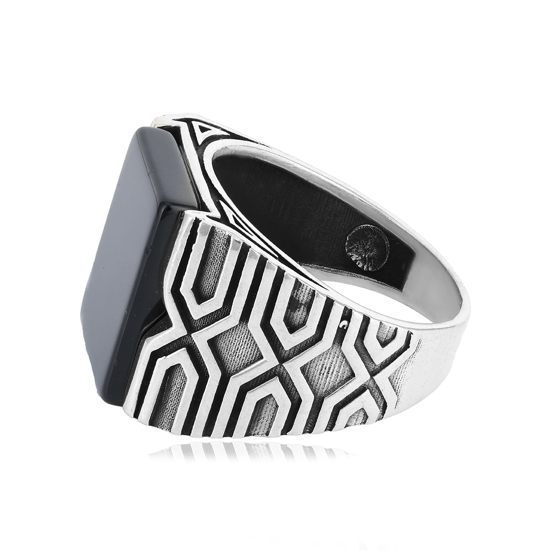 925 Monochrome Checked Pattern Black Agate Ring