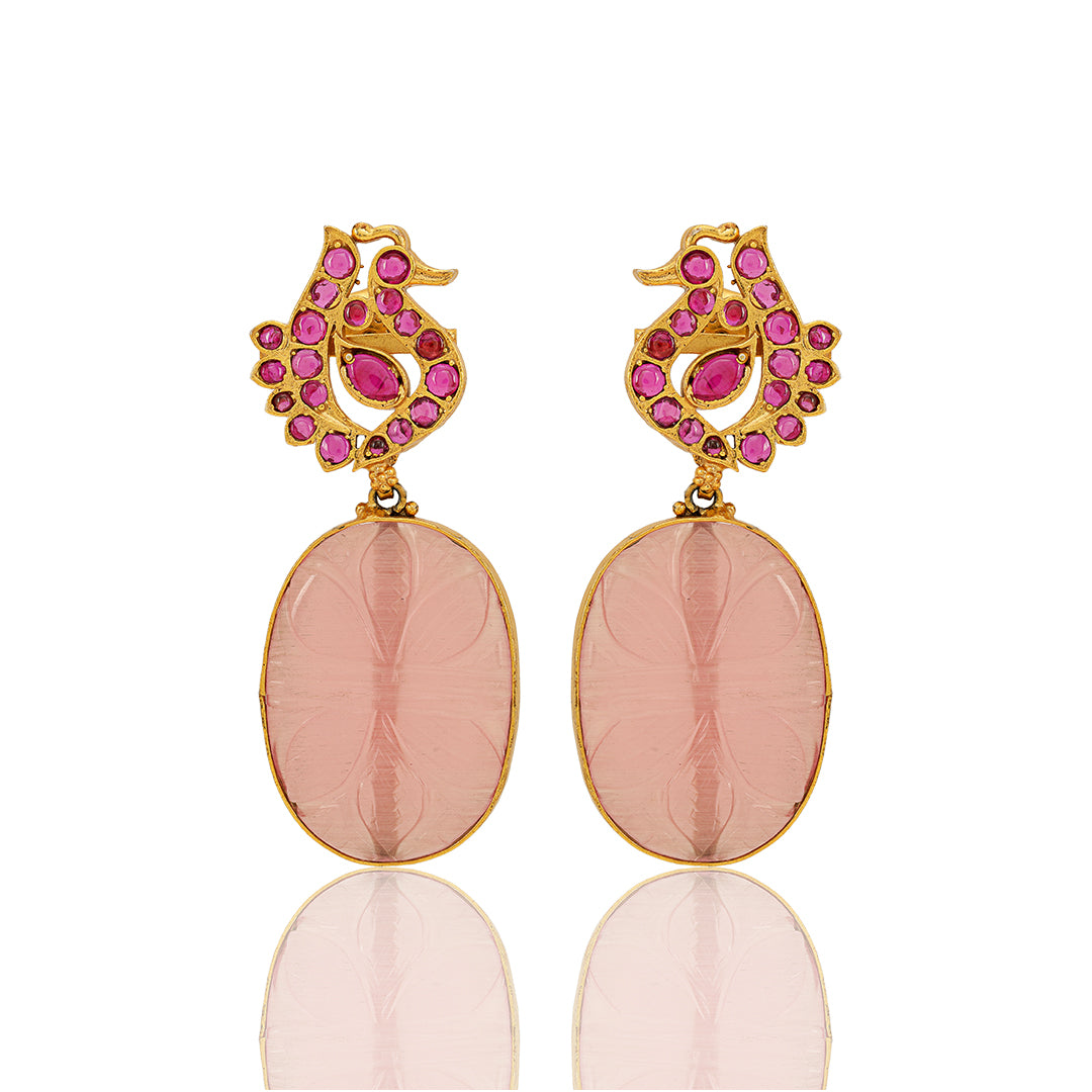 925 Peacock Motif Caryving Red Stone Drop Earring