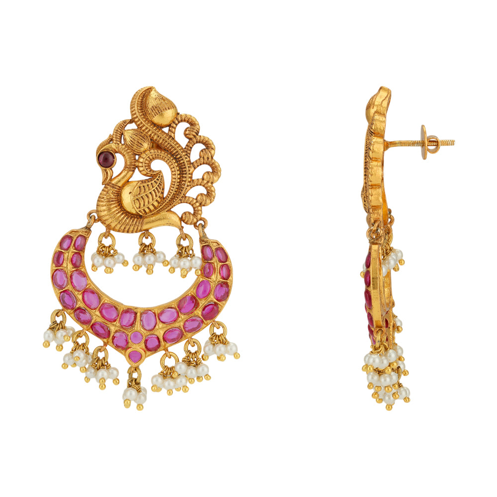 Peacock Pink Stoned Pearl Drops chandbali Earrings