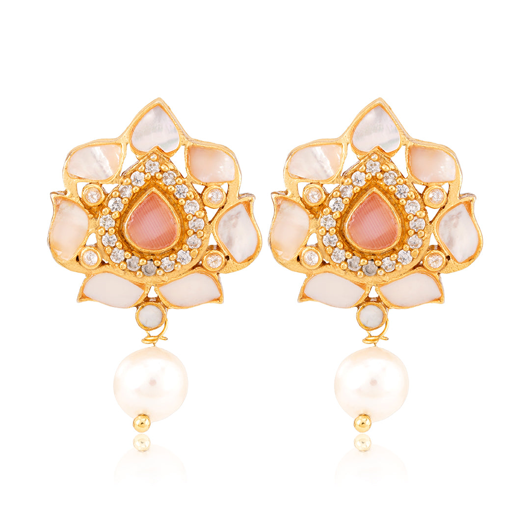 925 Pearl White Lotus Sterling Silver Gold Plated Earring