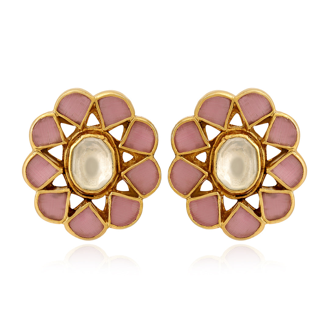 925 Pink Polki Statement Silver Earrings