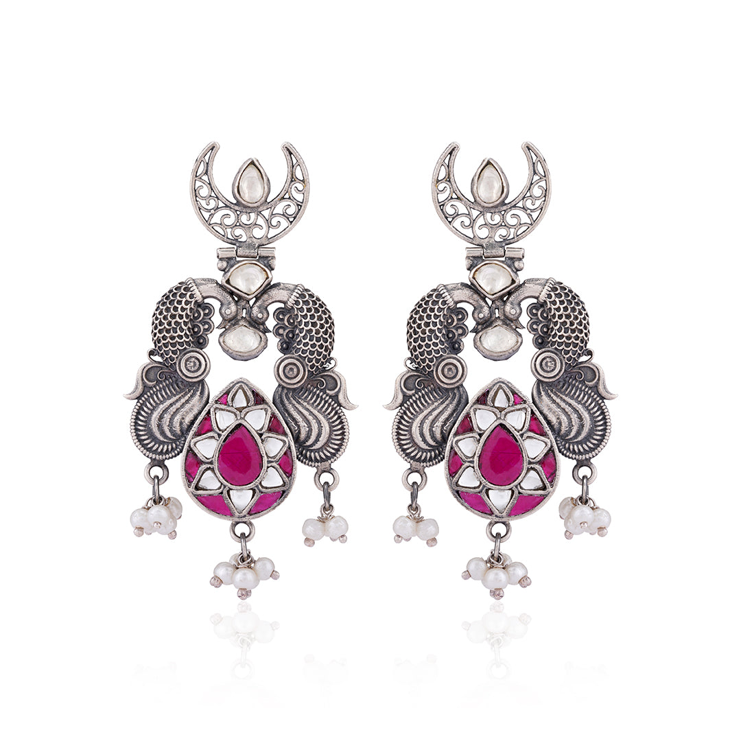 925 Polki Peacock Kundan Red Stone Earring