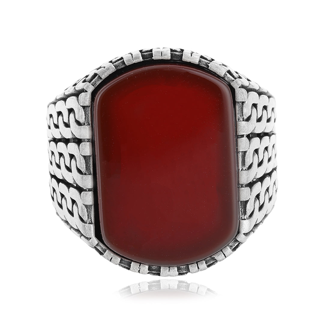 925 Revamp Red Agate Sterling Silver Oxidised Cuban Pattern Ring