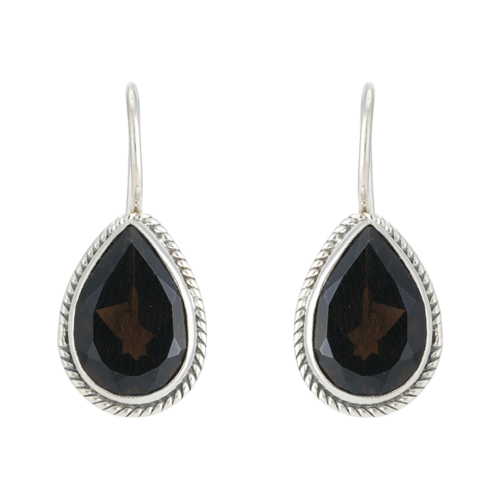 925 Rhodium Plated Pear Shaped Black Stone Swirl Detail Earrings