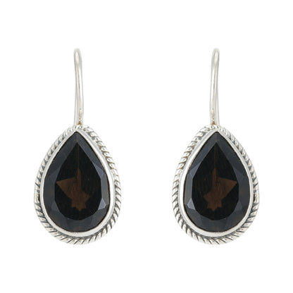 925 Rhodium Plated Pear Shaped Black Stone Swirl Detail Earrings