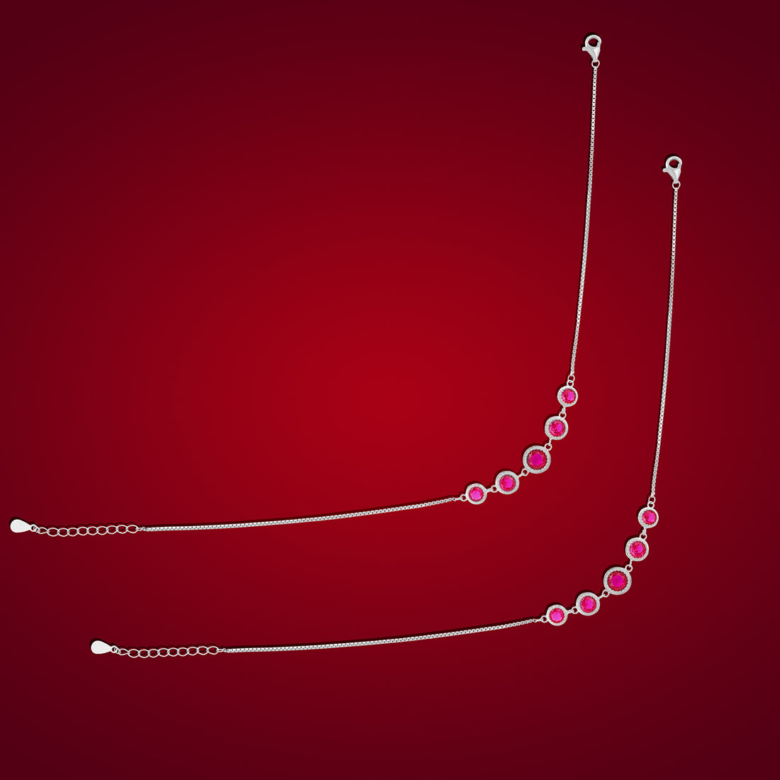 925 Rhodium Sterling Silver Red Halo Stone Anklet For Women