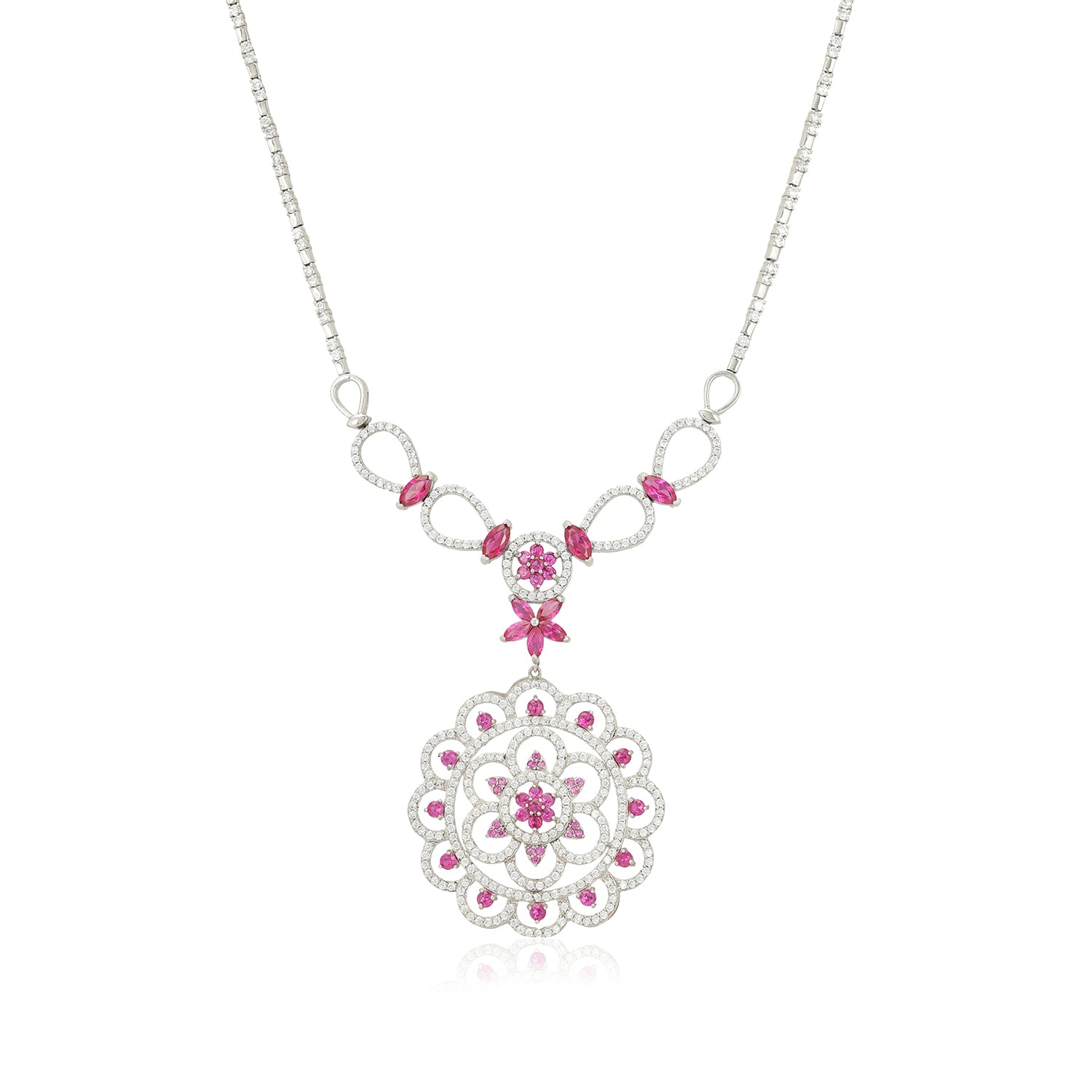 925 Ruby Mandala Radiance Rhodium Plated Necklace